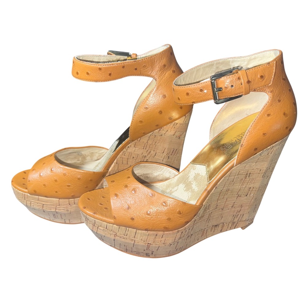 Michael Kors Ostrich Embossed Leather Cork Platform Wedge Sandals Tan 7.5M Boho